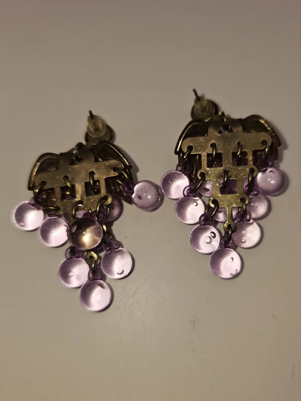 Vintage Purple Grape Cluster Drop Earrings with Gold Leaves